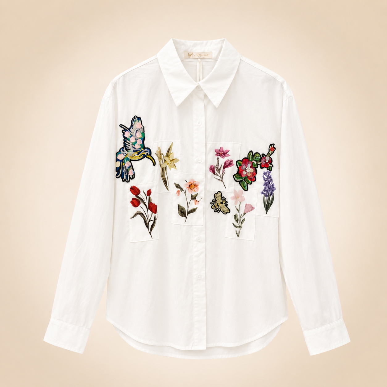Camicia Over in Cotone con Ricami Floreali