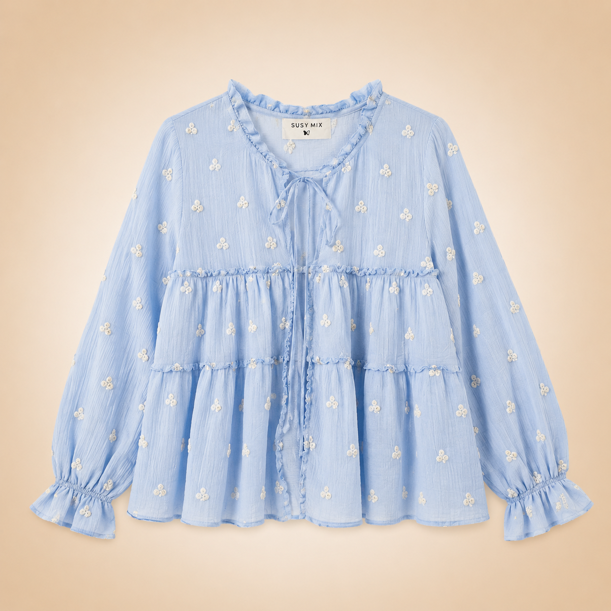 Blusa Celeste Ricamata con Volant
