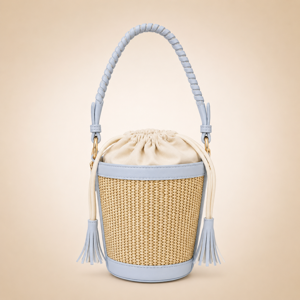 Borsa Secchiello in Ecopelle e Raffia con Tracolla
