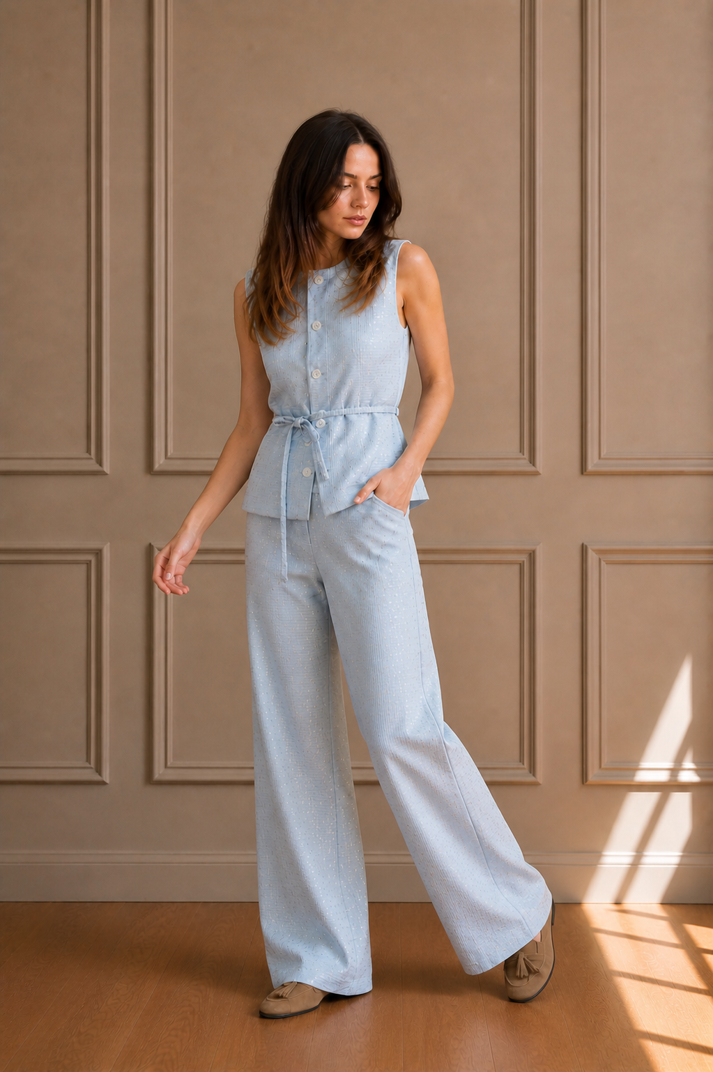 Pantalone Celeste con Brillantini – Linea Fluida