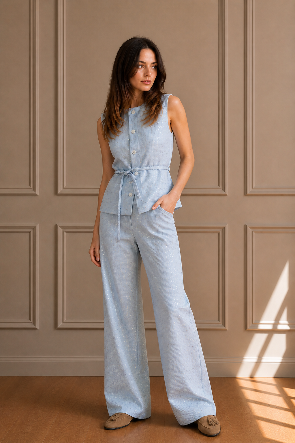 Gilet Celeste con Brillantini – Eleganza Luminosa