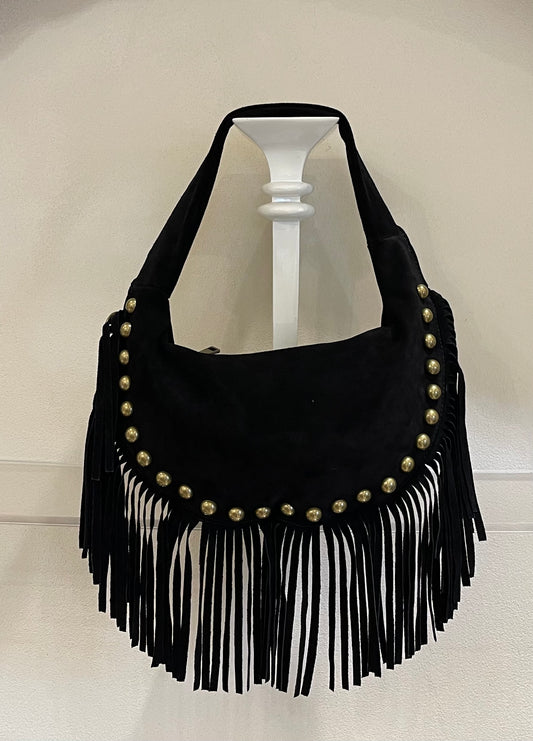 Borsa in camoscio nero a mezzaluna con frange