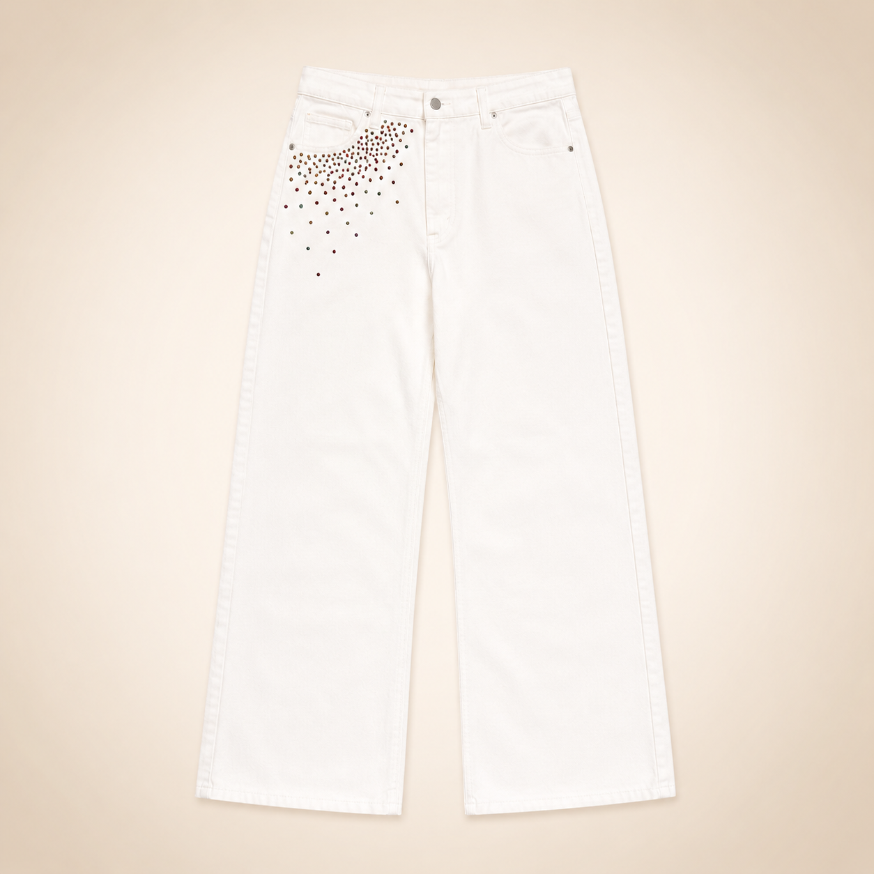 Jeans Bianco con Strass Multicolor