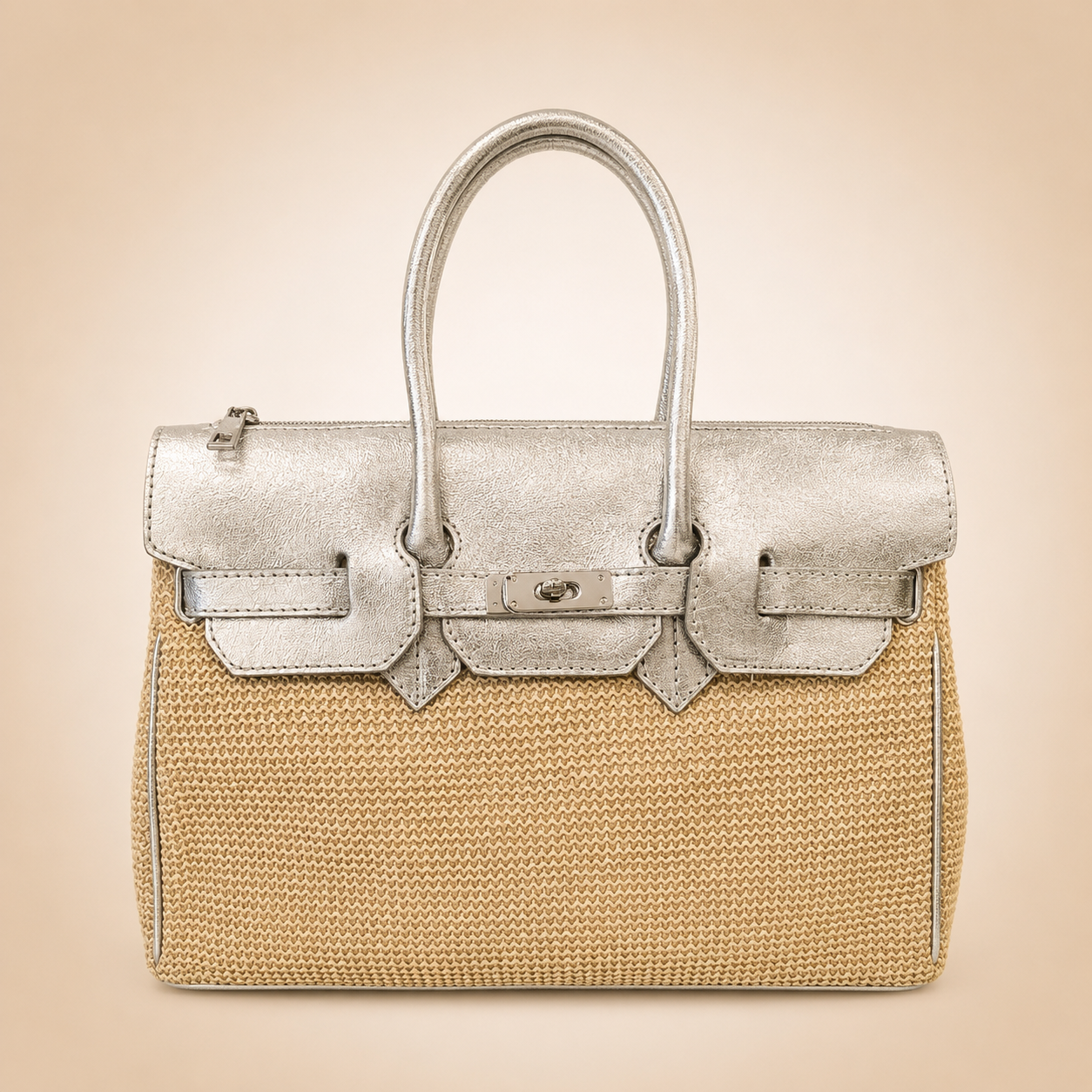 Borsa in Raffia e Pelle con Chiusura Iconica