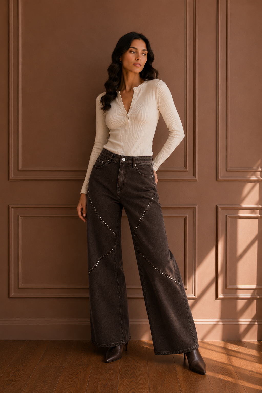 Jeans Wide Leg Testa di Moro con Borchie Frontali