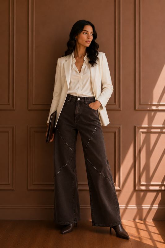 Jeans Wide Leg Testa di Moro con Borchie Frontali