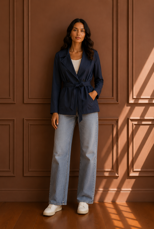 Trench Corto Blu con Cintura