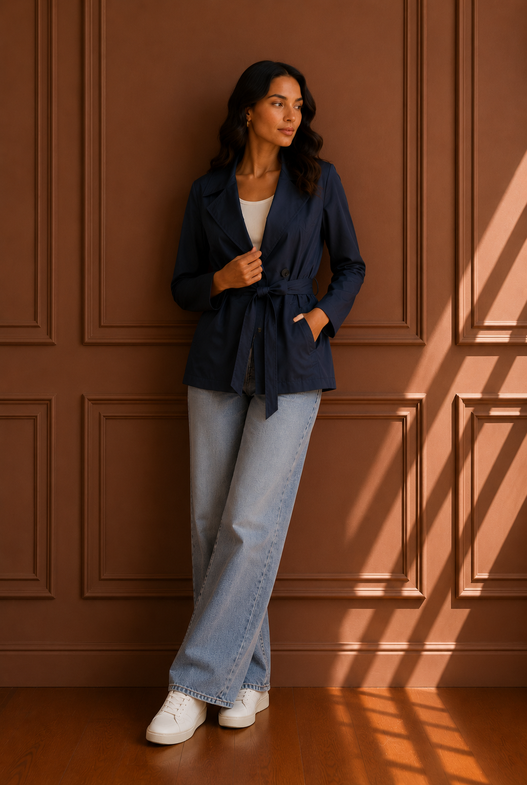 Trench Corto Blu con Cintura