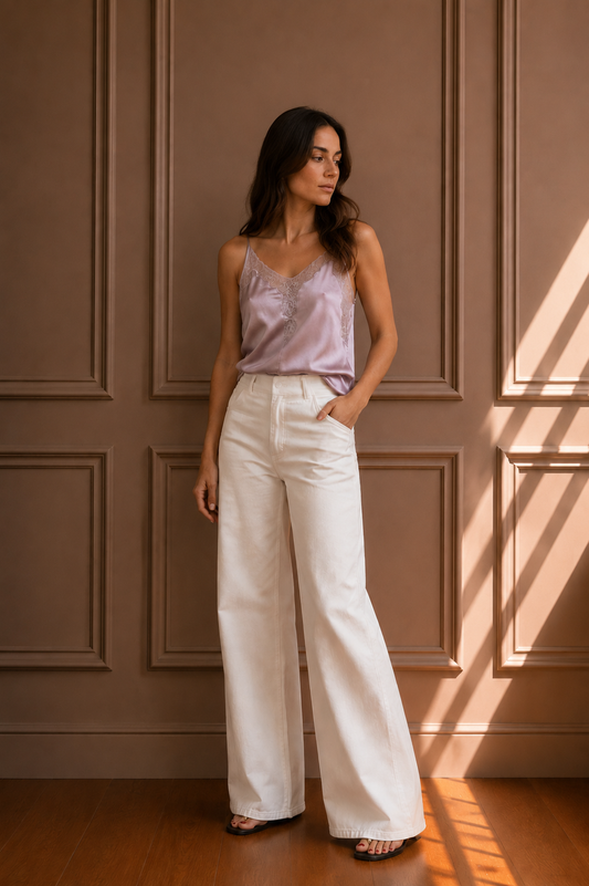 Top Satin Effetto Seta con Pizzo