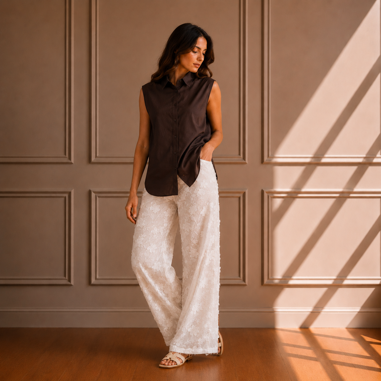 Pantaloni con rose ricamate