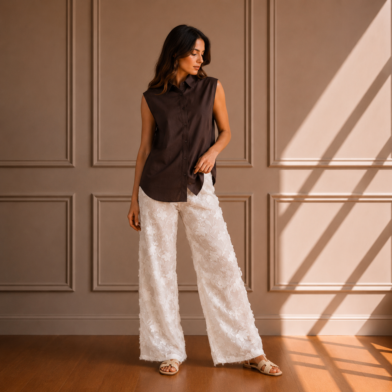 Pantaloni con rose ricamate