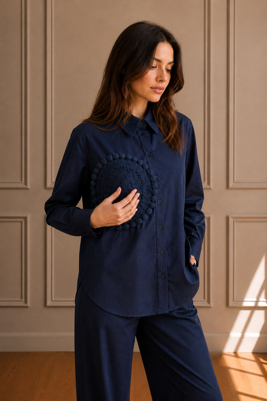 Camicia Over Blu con Pizzo Ricamato