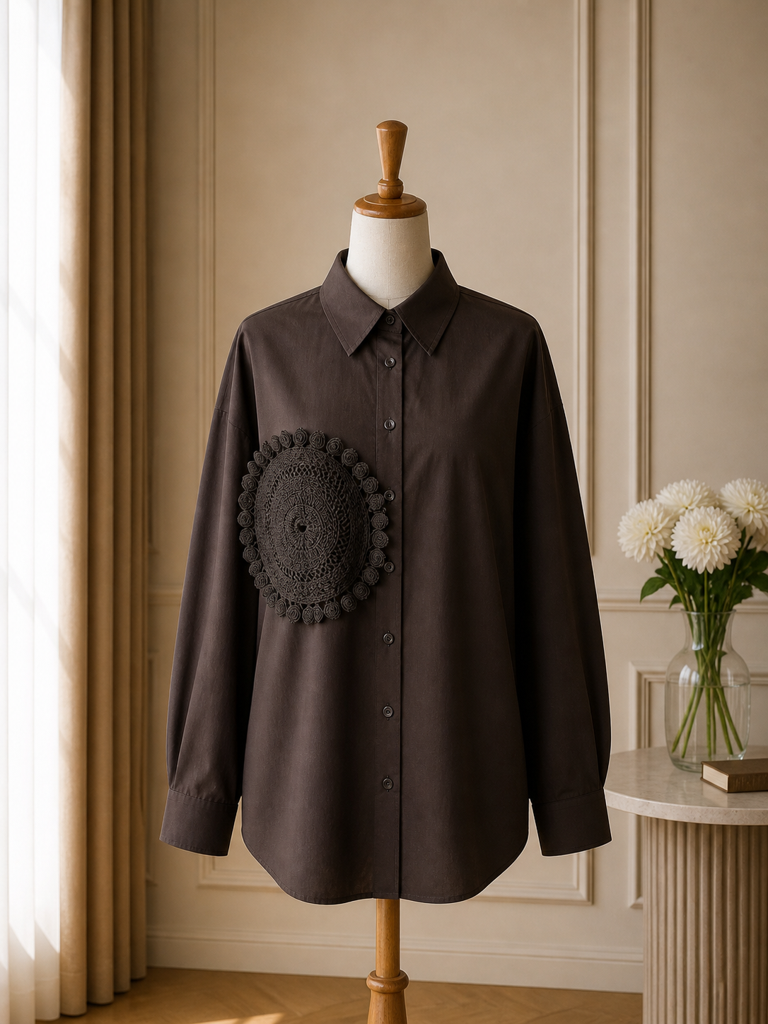 Camicia Over Marrone con Pizzo Ricamato
