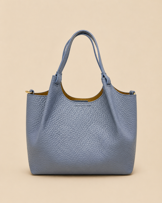 Borsa Celeste in Pelle Martellata con Doppia Tracolla