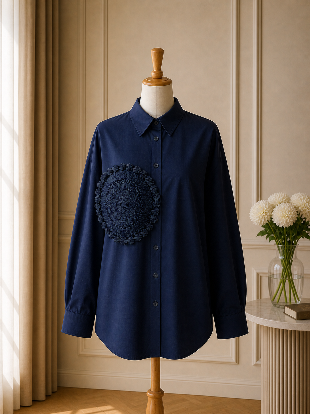 Camicia Over Blu con Pizzo Ricamato