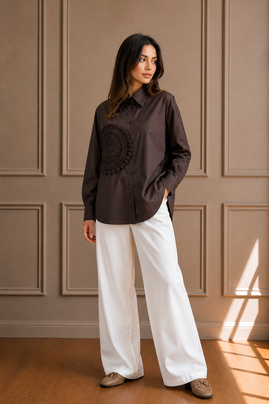 Camicia Over Marrone con Pizzo Ricamato