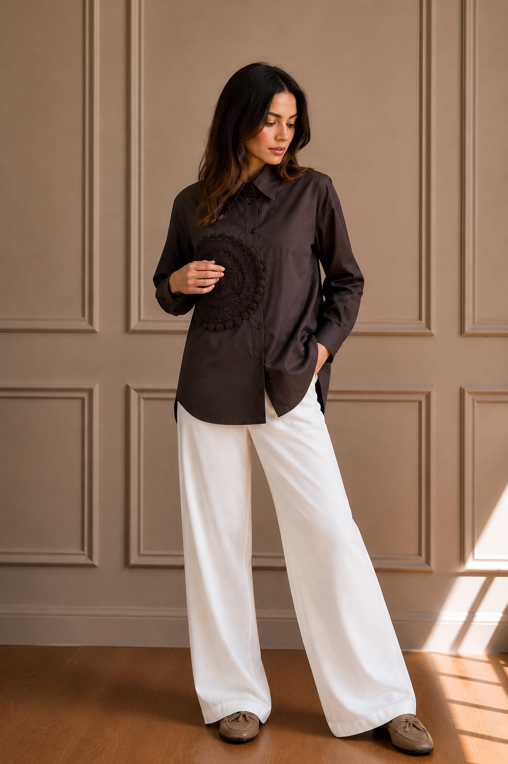 Camicia Over Marrone con Pizzo Ricamato